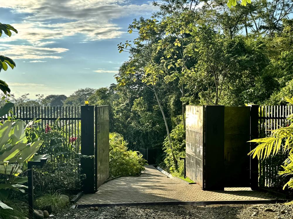 The gated entrance at the top of the forest drive