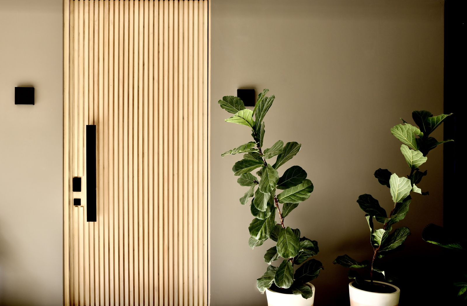The entrance door, faced in fine timber slats