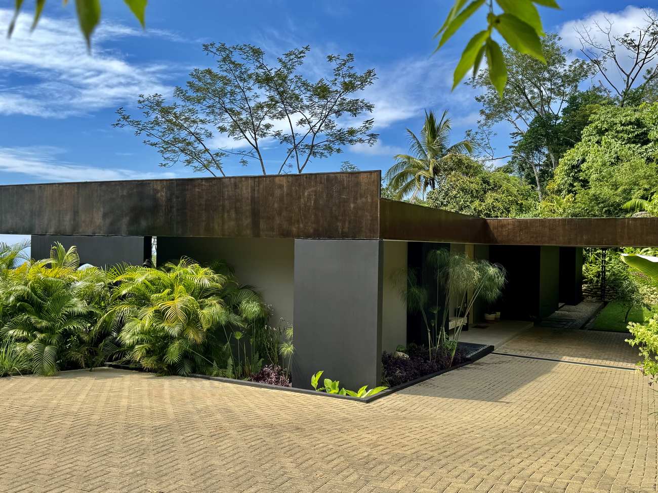 The villa approached from the drive, low against the treeline