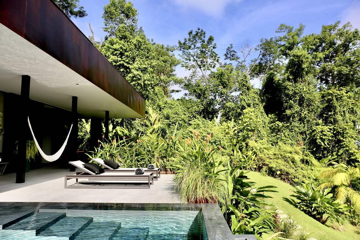 The pool deck, with loungers and a hammock under the overhang
