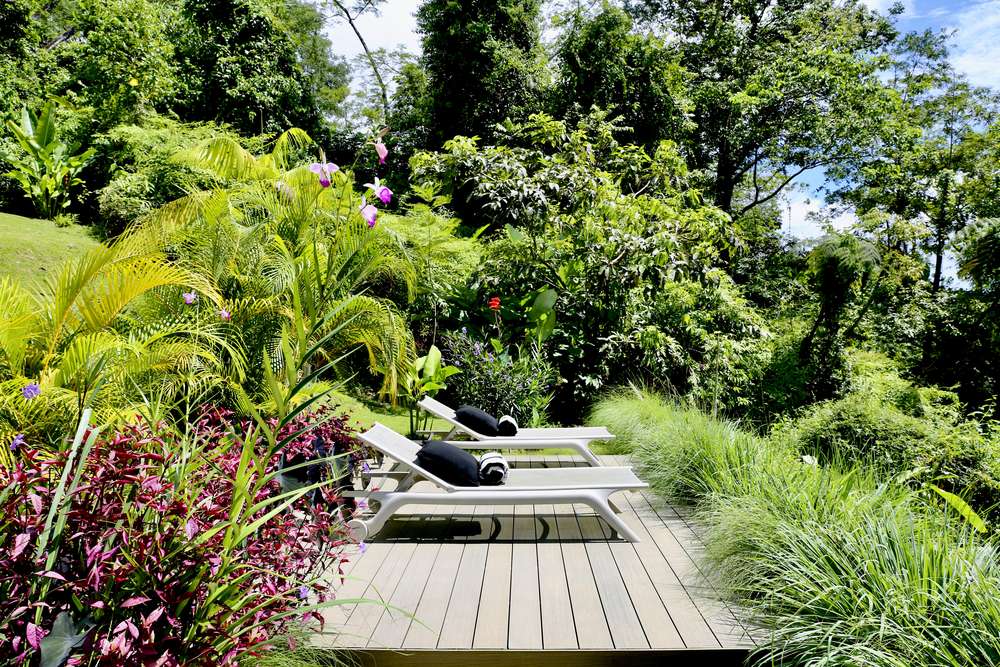 A sun deck set into the garden, surrounded by heliconia and palms