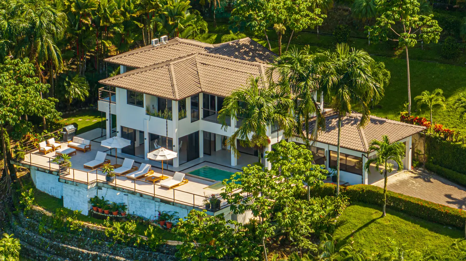 Casa Ballena &mdash; the estate from the air, the pool terrace facing the coast