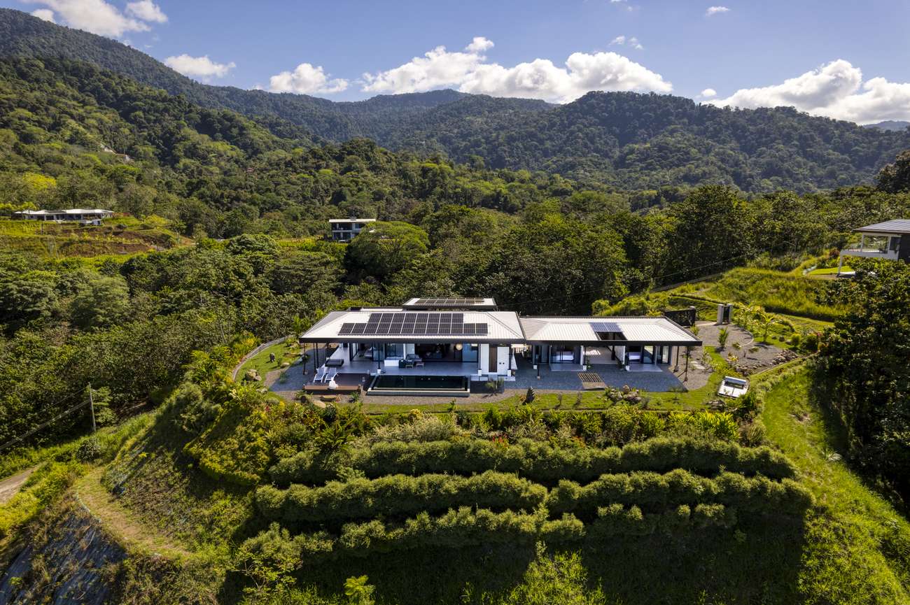 Casa Karuna &mdash; Casa Karuna from the air, on its hillside above Ojochal, solar panels on the roof