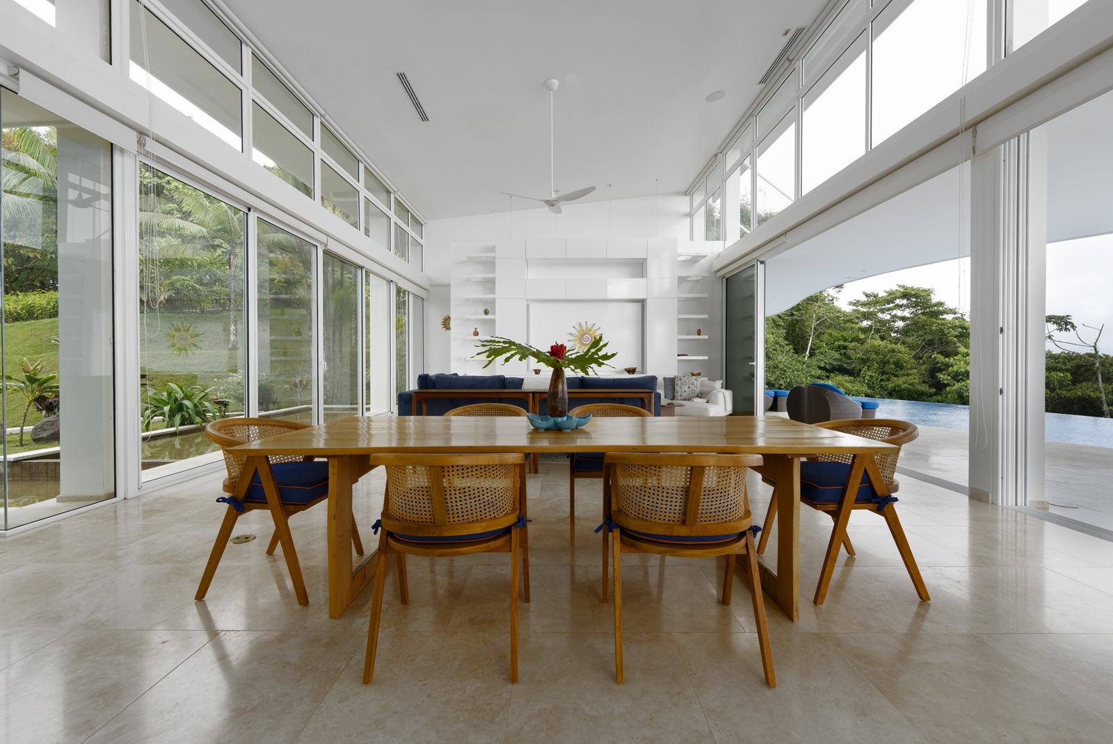 The long dining room, glazed on both sides