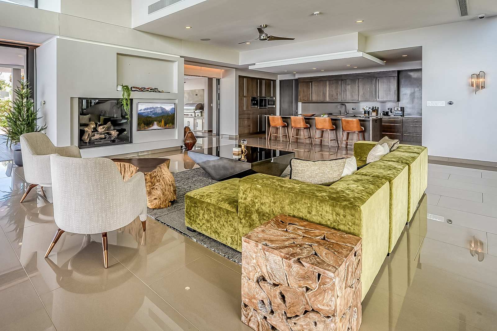 The living room and bar, open to the terrace