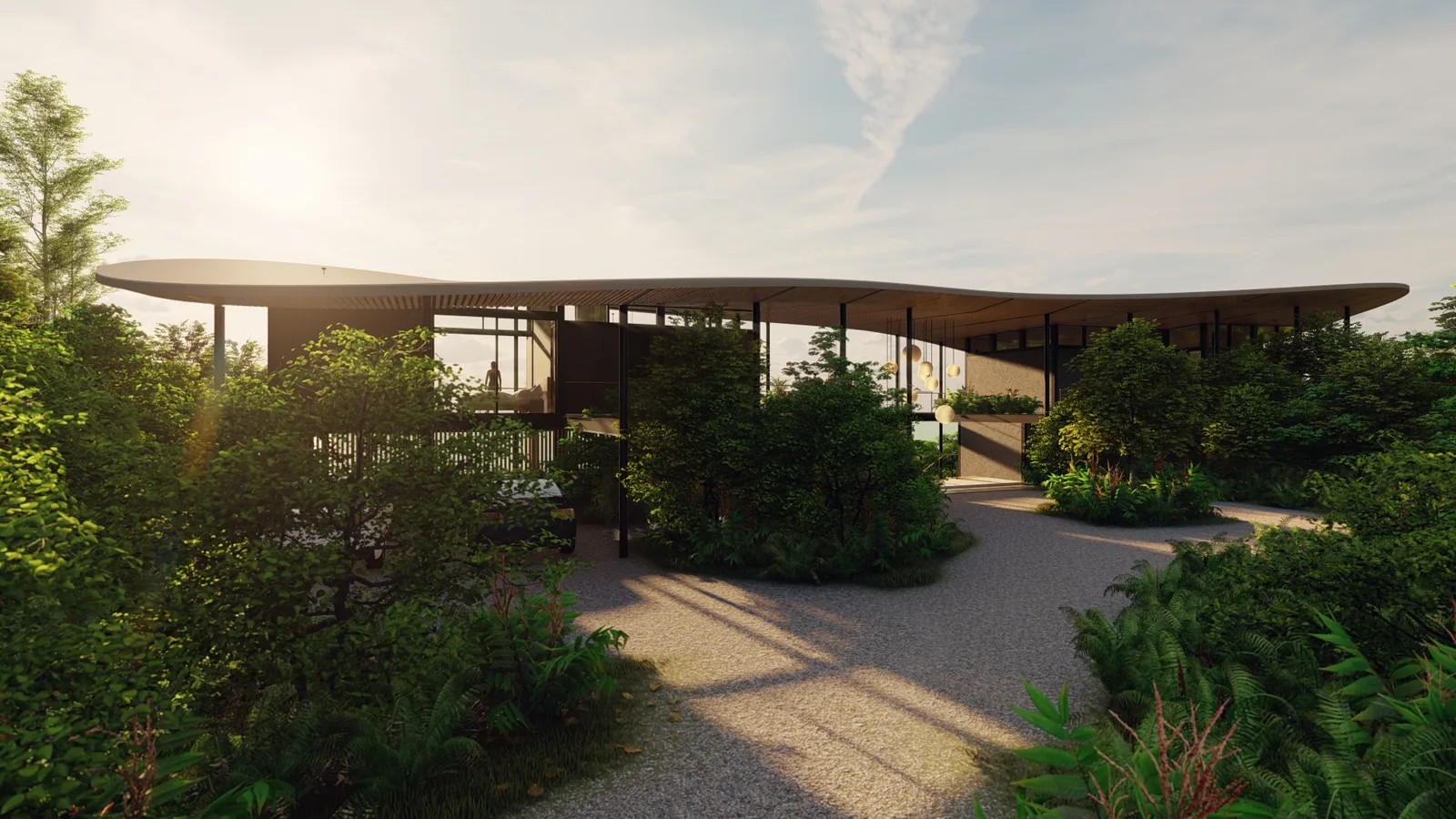 Architect&rsquo;s rendering of the proposed Studio Saxe house for Lot 65 &mdash; the approach and entry, curved roof set into the planting