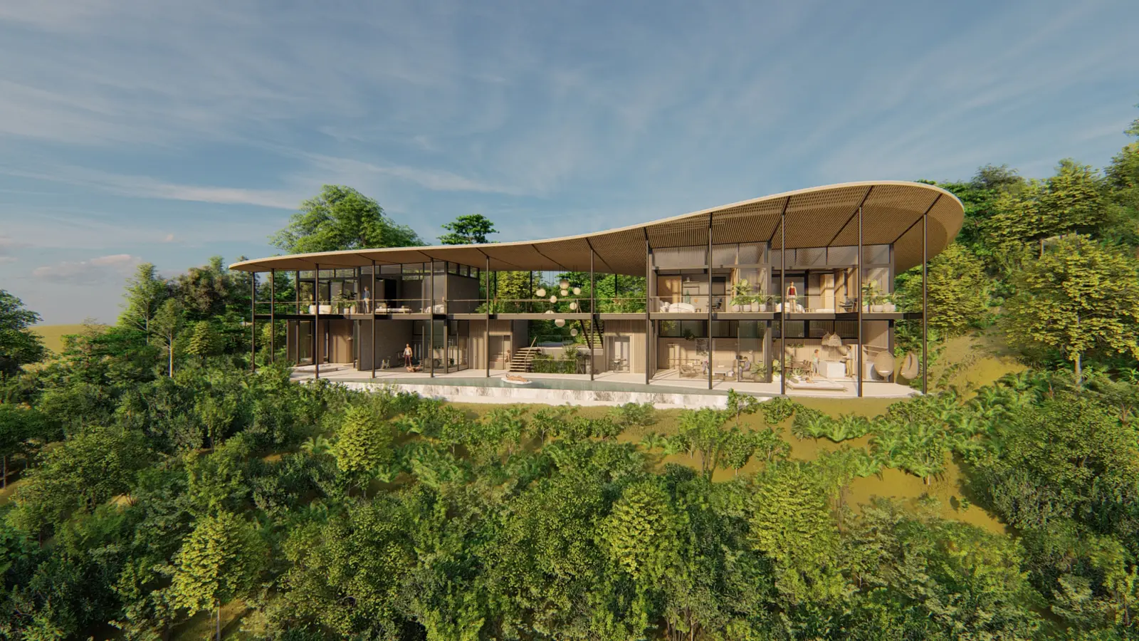 Architect&rsquo;s rendering of the proposed house for Lot 65 &mdash; the long elevation seen from the side, above the canopy