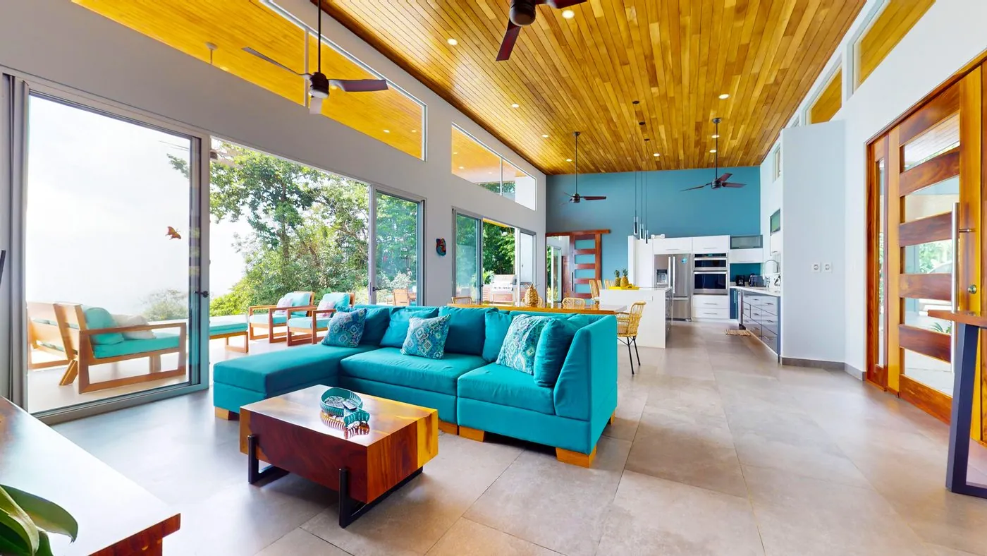 Villa Oro Verde &mdash; the living room under its timber ceiling