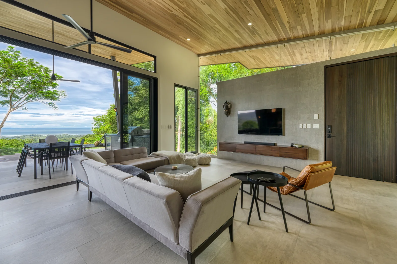Vista Hermosa &mdash; the living room under the vaulted timber ceiling