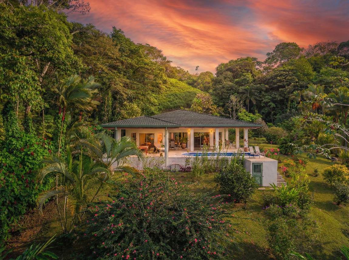 The house from the garden at sunset