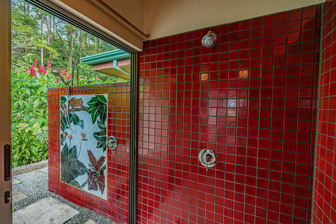 A painted door opening onto a private garden
